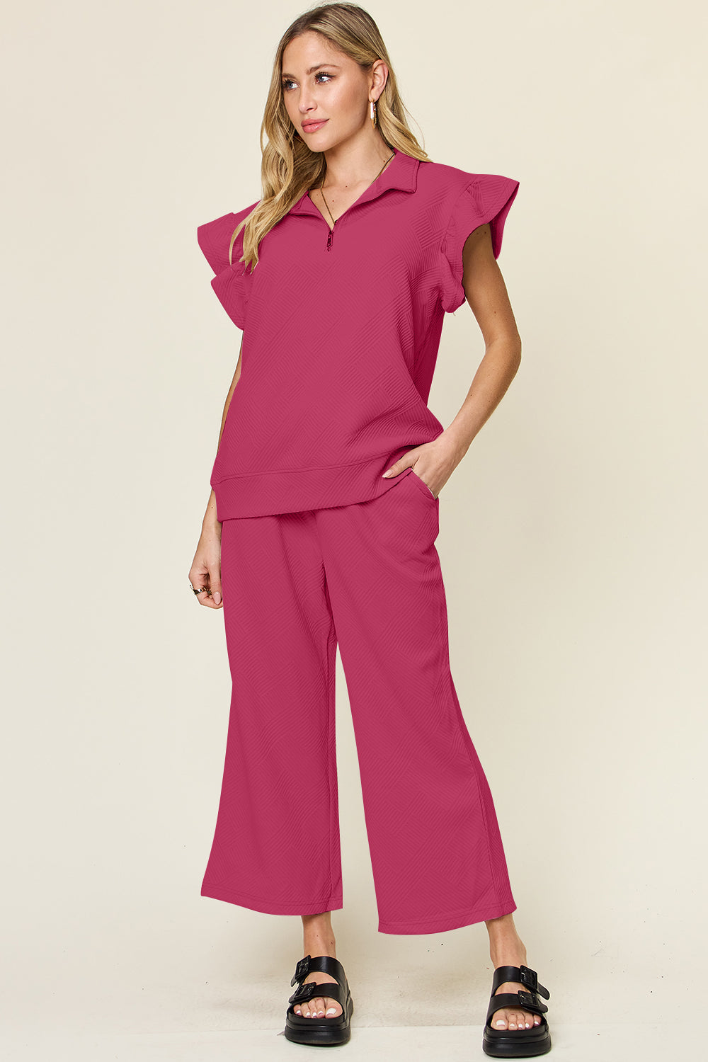 Explore More Collection - Double Take Texture Ruffle Short Sleeve Top and Drawstring Wide Leg Pants Set