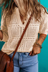 Explore More Collection - Openwork Johnny Collar Half Sleeve Knit Top