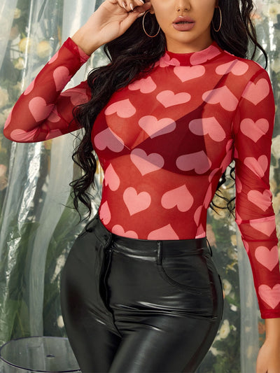 Explore More Collection - Heart Mock Neck Long Sleeve Sheer Top