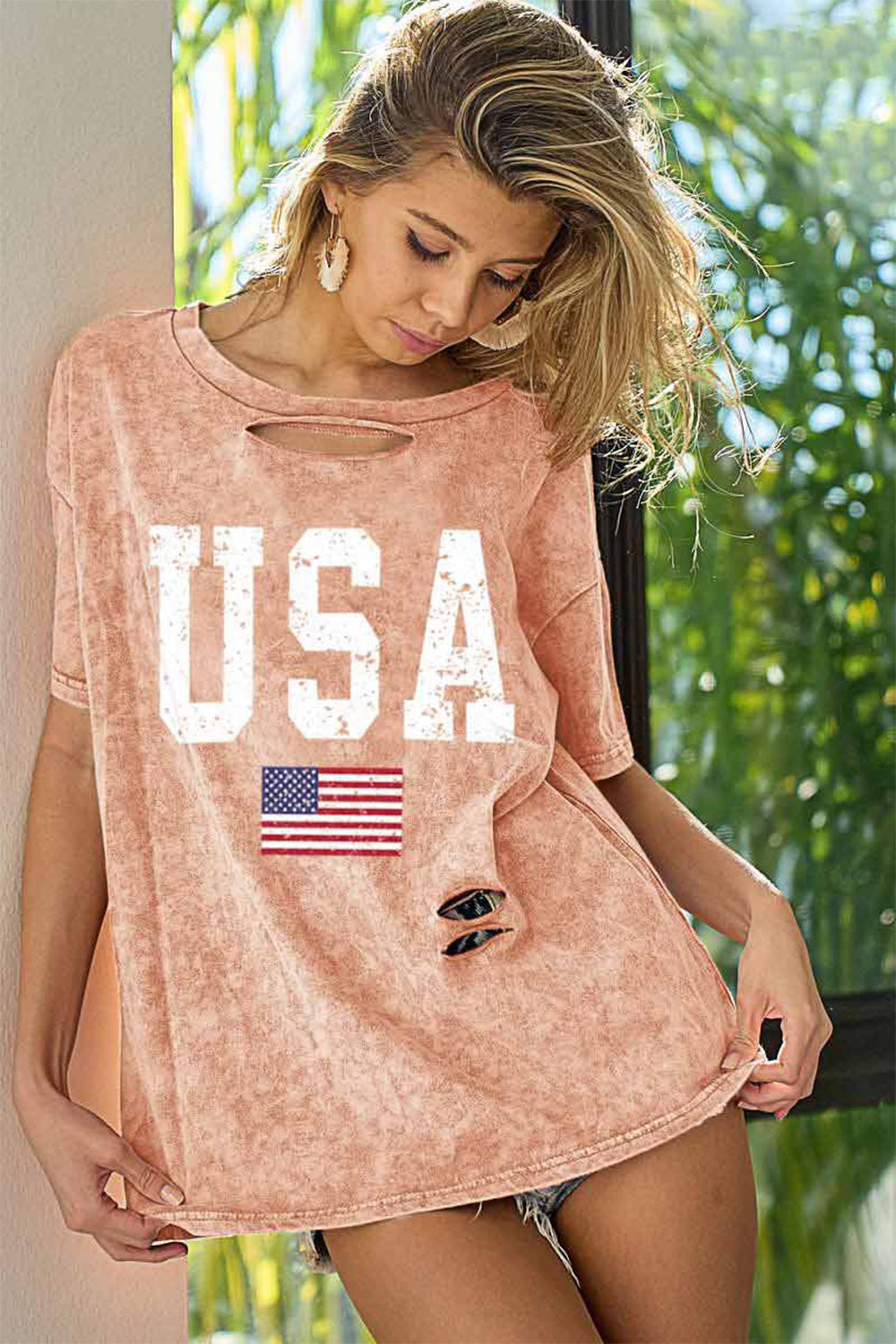 Explore More Collection - BiBi Washed American Flag Graphic Distressed T-Shirt