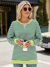 Explore More Collection - Slit Striped Round Neck Long Sleeve Sweatshirt