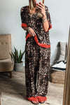 Explore More Collection - Contrast Trim Leopard Round Neck Top and Pants Lounge Set