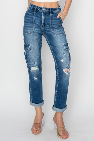 Explore More Collection - RISEN Full Size High Rise Cargo Ankle Roll Up Straight Jeans