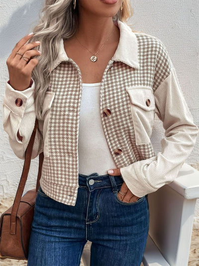 Explore More Collection - Pocketed Houndstooth Long Sleeve Jacket