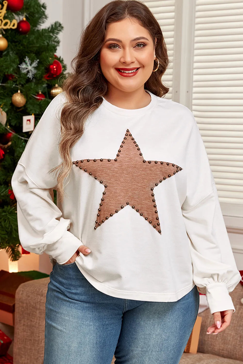 Explore More Collection - Plus Size Studded Star Round Neck Long Sleeve Blouse