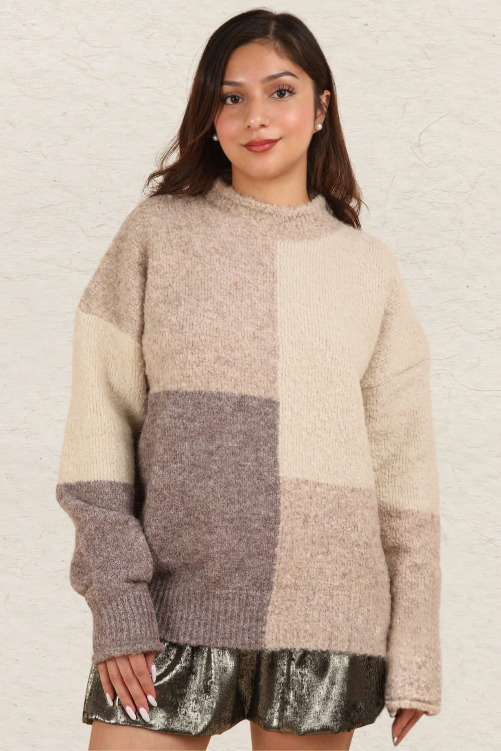 Explore More Collection - VERY J Color Block Mock Neck Drop Shoulder Sweater