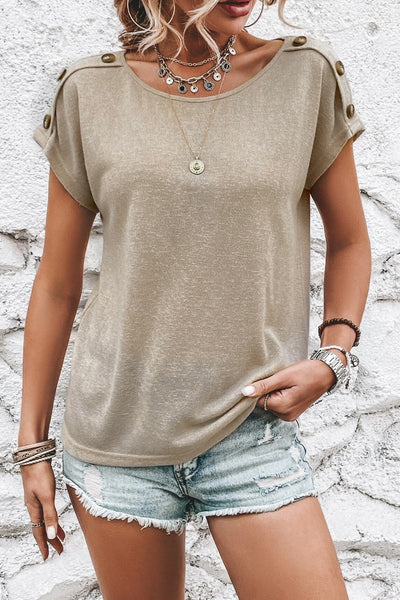 Explore More Collection - Decorative Button Round Neck Short Sleeve Blouse