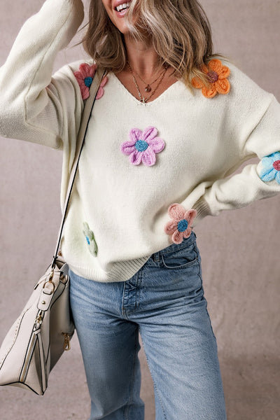 Explore More Collection - Crochet Flower V-Neck Long Sleeve Sweater