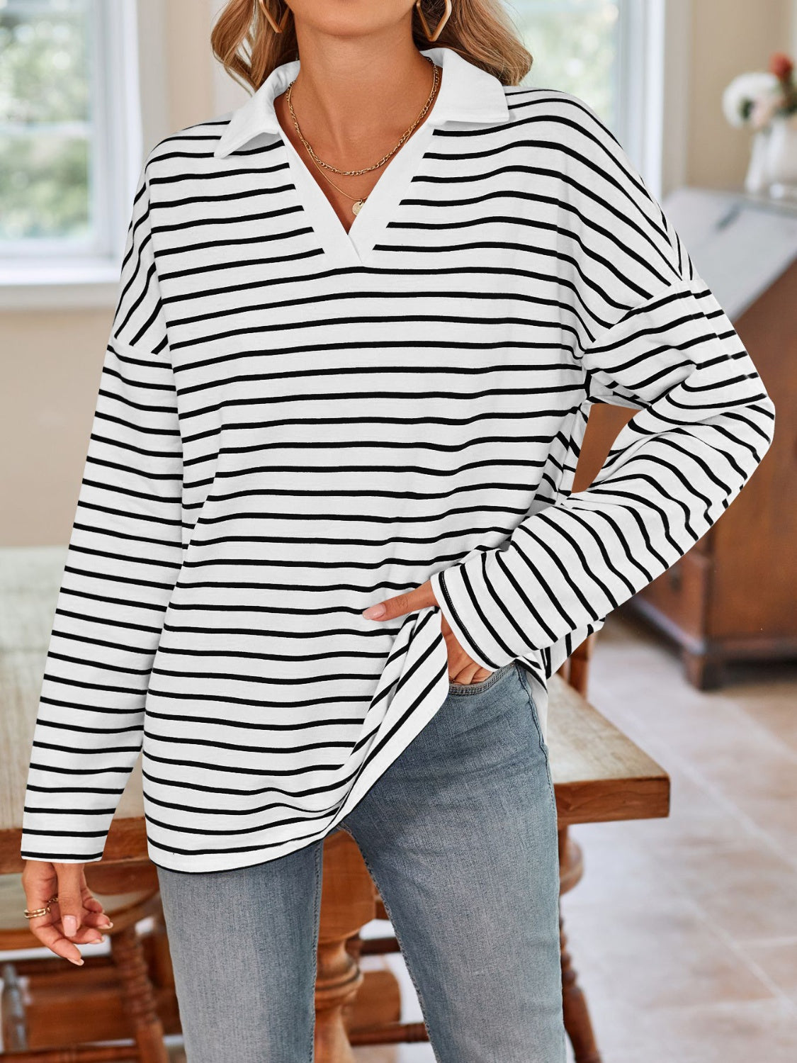 Explore More Collection - Striped Johnny Collar Long Sleeve T-Shirt