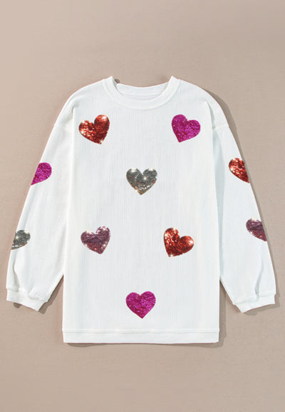 Explore More Collection - Valentine’s Day Sequin Heart Round Neck Long Sleeve Sweatshirt