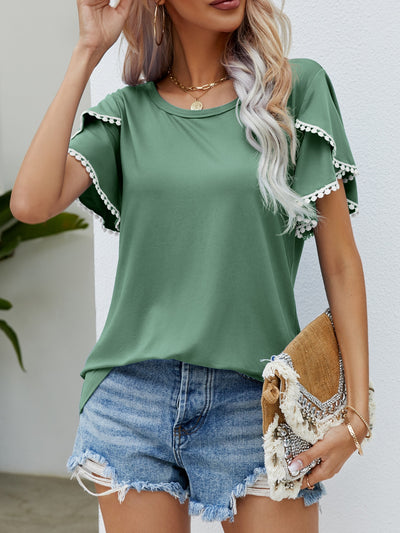 Explore More Collection - Pom-Pom Trim Flutter Sleeve Round Neck T-Shirt