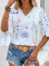 Explore More Collection - Ruffled Printed V-Neck Half Sleeve Blouse