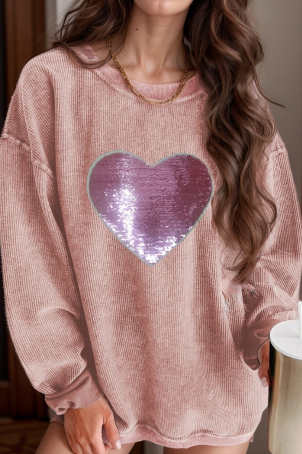 Explore More Collection - Valentine’s Day Sequin Heart Round Neck Long Sleeve Sweatshirt