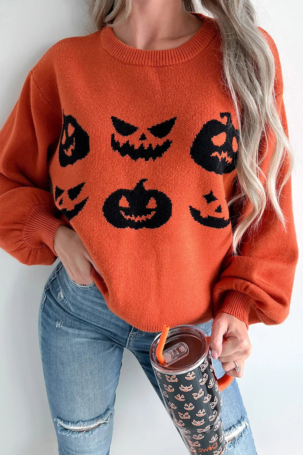 Explore More Collection - Pumpkin Pattern Round Neck Sweater