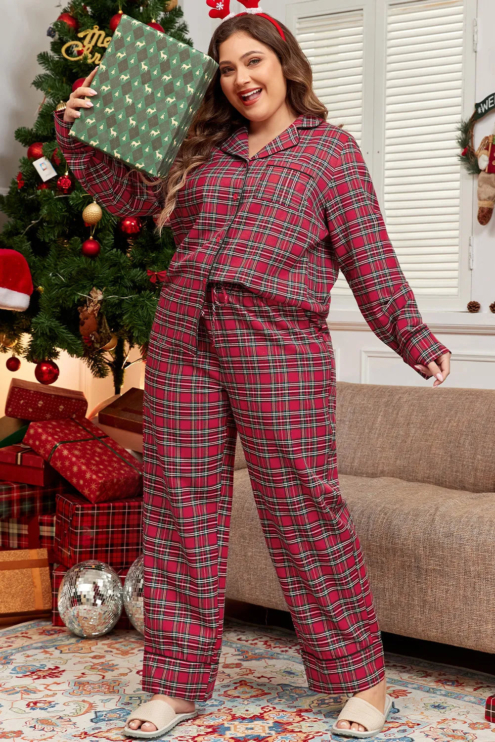 Explore More Collection - Plus Size Plaid Collared Neck Top and Pants Lounge Set