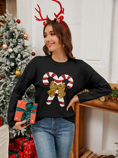 Explore More Collection - Sequin Candy Cane Round Neck Long Sleeve Sweater