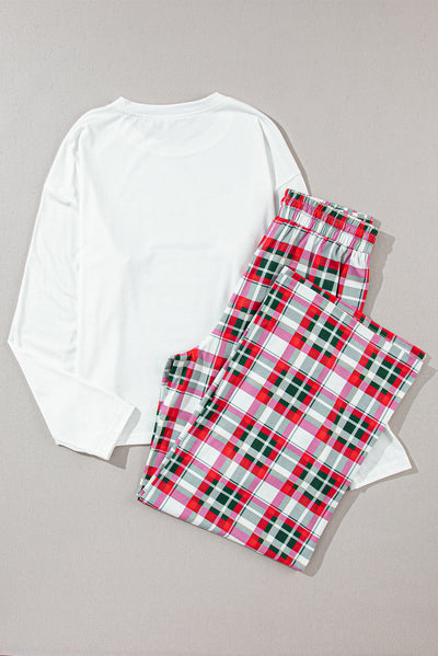 Explore More Collection - MERRY CHRISTMAS Round Neck Top and Plaid Pants Set