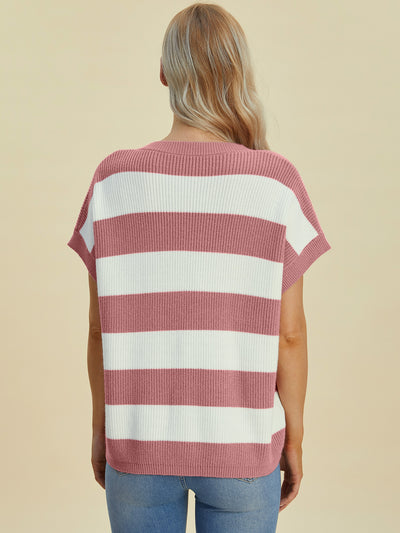 Explore More Collection - Double Take Full Size Striped V-Neck Short Sleeve Sweater