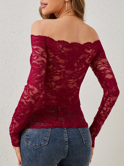 Explore More Collection - Off-Shoulder Long Sleeve Lace Top