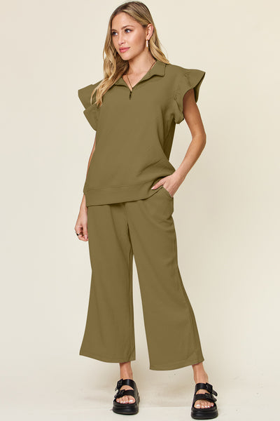 Explore More Collection - Double Take Texture Ruffle Short Sleeve Top and Drawstring Wide Leg Pants Set