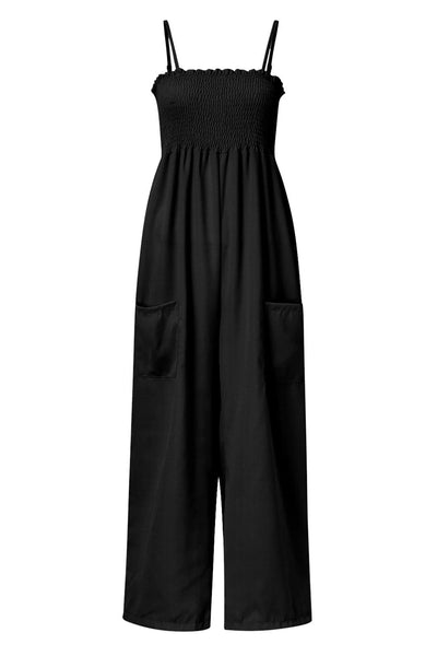 Explore More Collection - Smocked Spaghetti Strap Wide Leg Jumpsuit