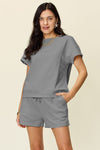 Explore More Collection - Double Take Full Size Texture Short Sleeve T-Shirt and Drawstring Shorts Set