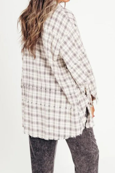 Explore More Collection - Exposed Seam Plaid Collared Neck Long Sleeve Shirt