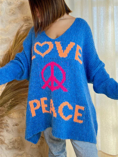 Explore More Collection - Peace Graphic V-Neck Long Sleeve Sweater