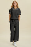 Explore More Collection - Double Take Full Size Pearl Detail Round Neck Top and Pants Set