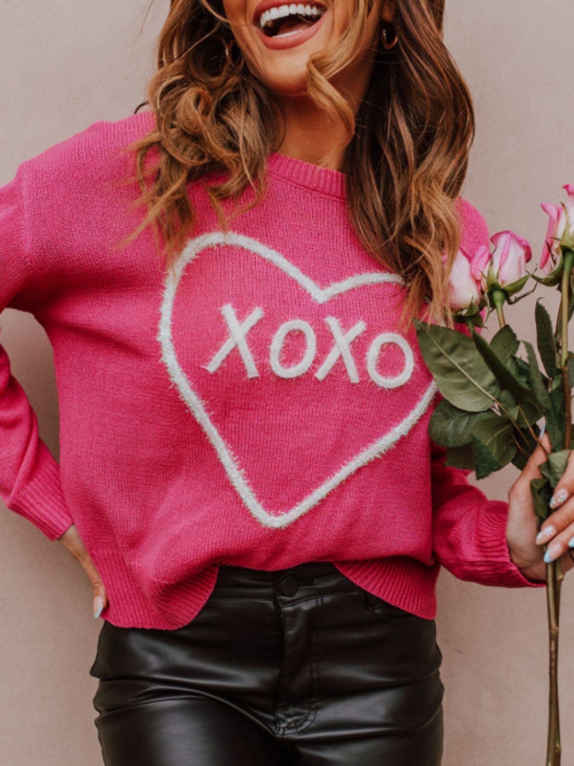 Explore More Collection - XOXO Round Neck Drop Shoulder Sweater