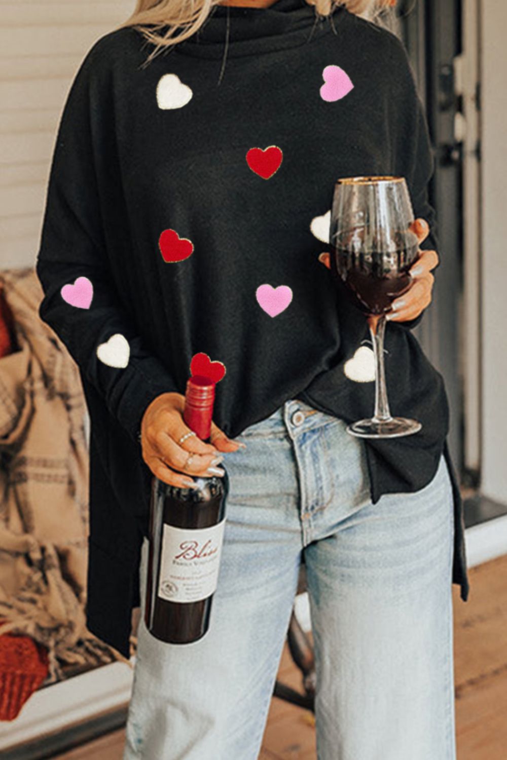 Explore More Collection - Valentine’s Day Heart Patched Turtleneck Long Sleeve Top