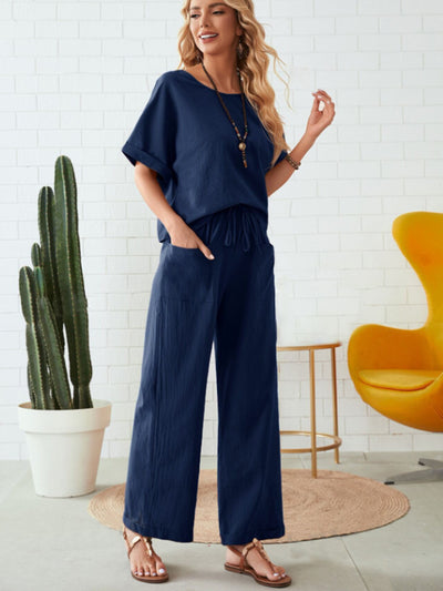 Explore More Collection - Round Neck Half Sleeve Top and Pocketed Pants Set