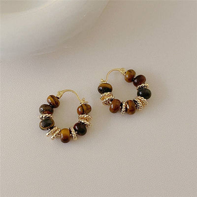 Retro Tiger Eye Stone Bead Hoop Earrings