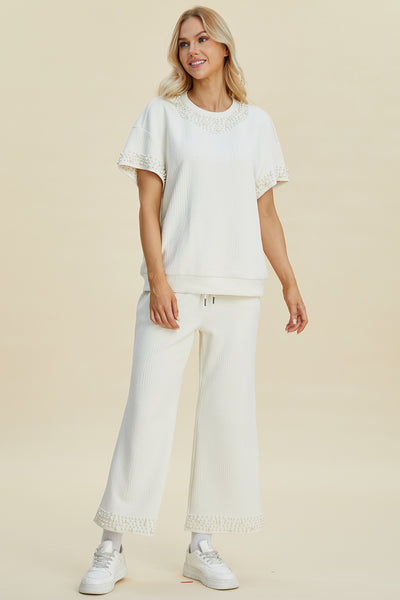 Explore More Collection - Double Take Full Size Pearl Detail Round Neck Top and Pants Set