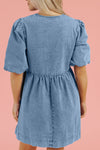 Explore More Collection - Bowknot Round Neck Half Sleeve Denim Dress