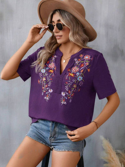 Explore More Collection - Embroidered Notched Short Sleeve T-Shirt