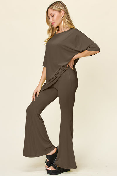 Explore More Collection - Double Take Full Size Round Neck Drop Shoulder T-Shirt and Flare Pants Set