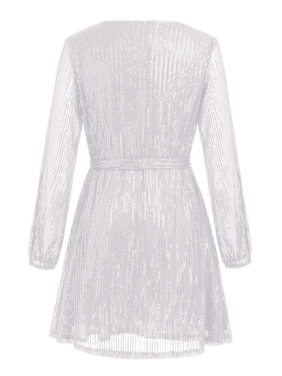 Explore More Collection - Sequin Tie Waist Long Sleeve Mini Dress