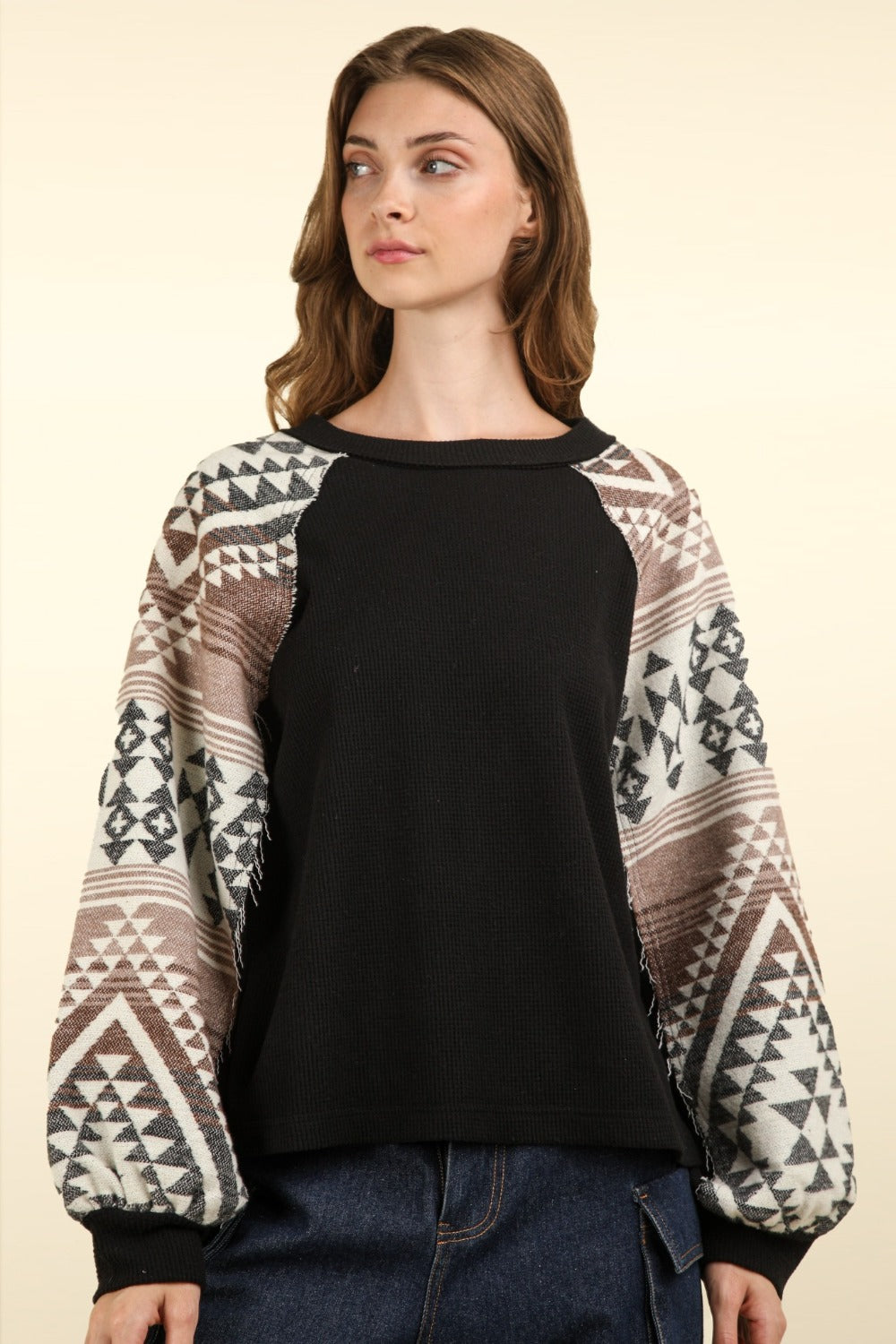Explore More Collection - VERY J Printed Long Sleeve Round Neck Knit Top