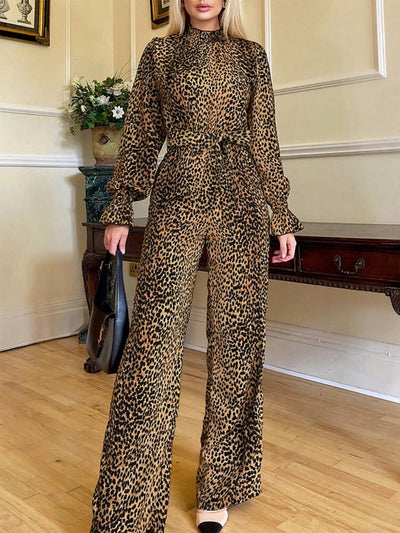 Explore More Collection - Leopard Flounce Sleeve Wide Leg Jumpsuit