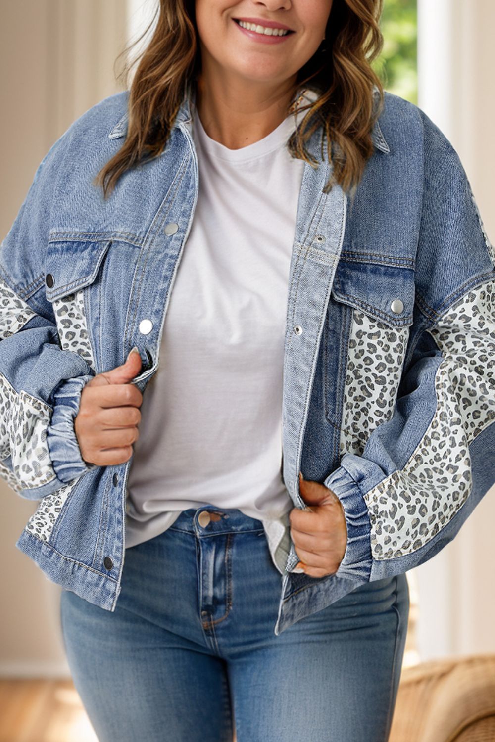 Explore More Collection - Plus Size Leopard Long Sleeve Denim Jacket