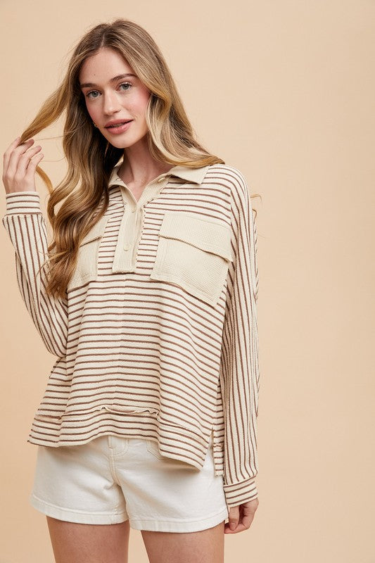 Explore More Collection - Annie Wear Striped Button Detail Long Sleeve Polo Top
