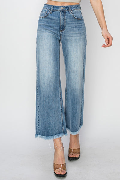 Explore More Collection - RISEN Raw Hem Cropped Wide Leg Jeans