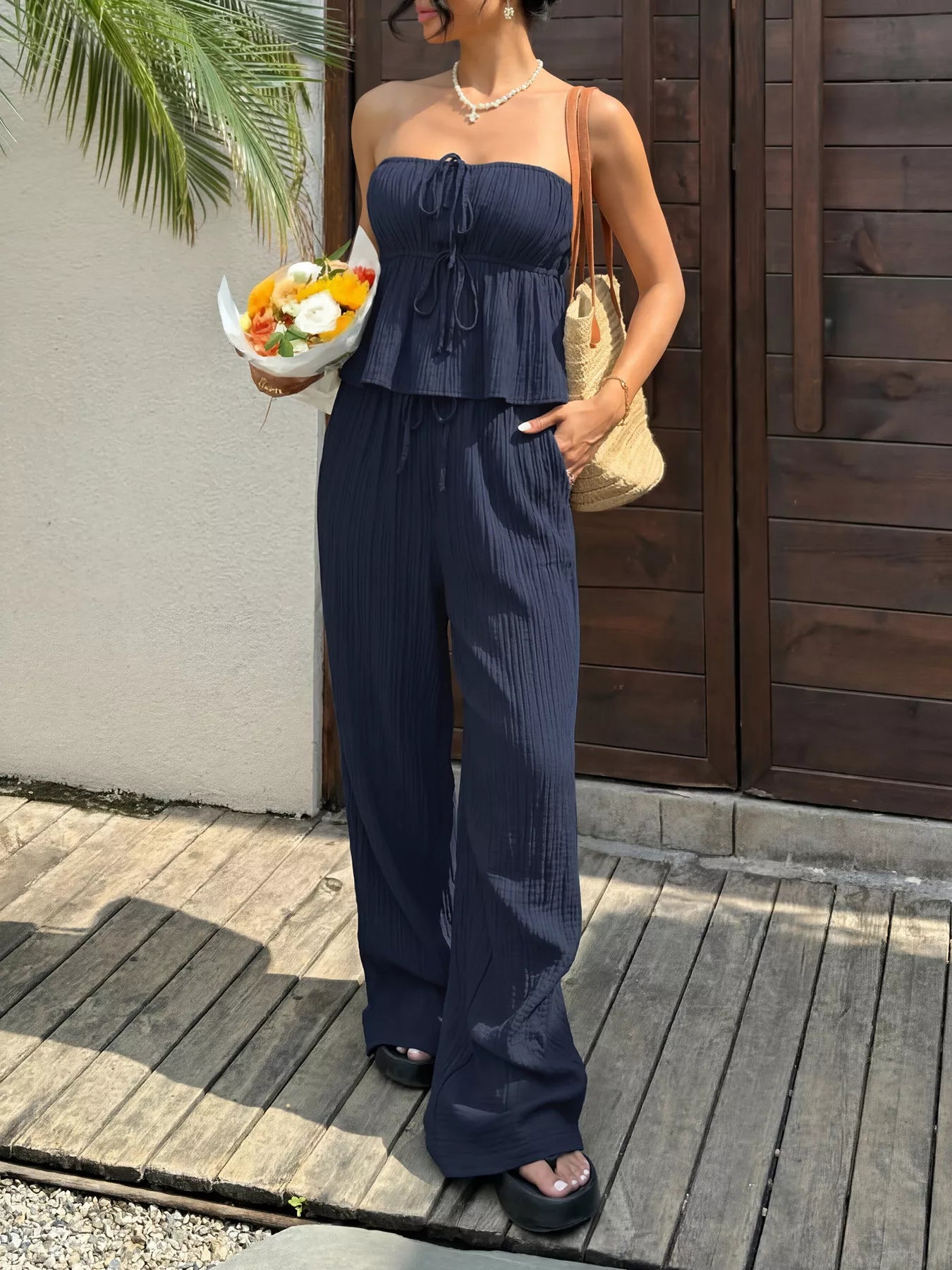 Textured Tube Top & Wide Leg Pants Set