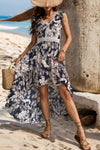 Explore More Collection - High-Low Printed V-Neck Cap Sleeve Midi Dress