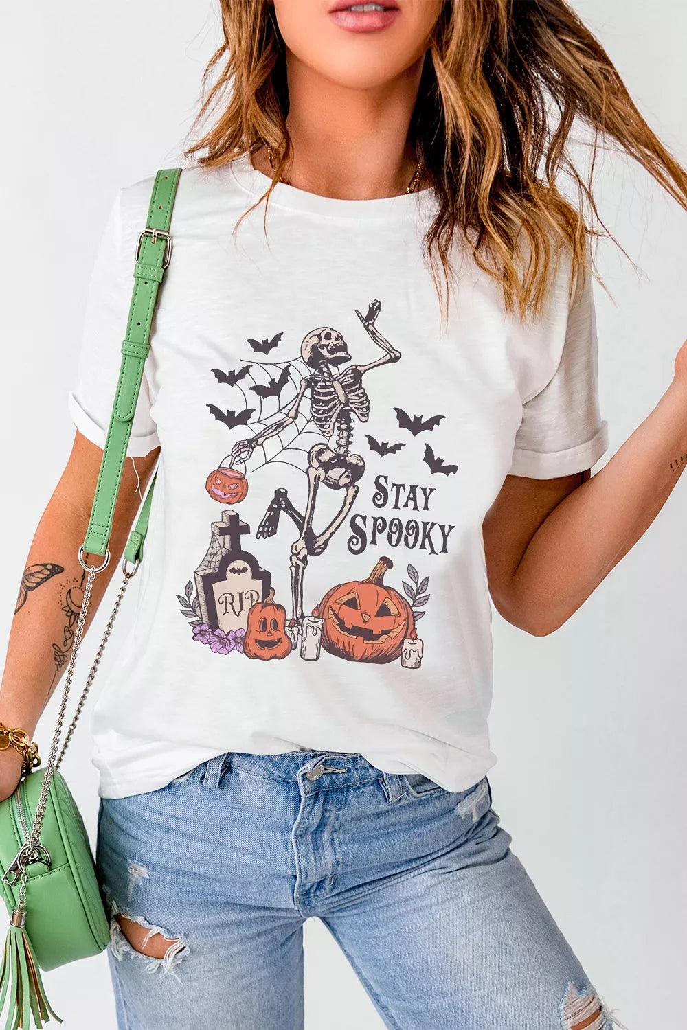 Full Size Skull Pumpkin Face STAY SPOOKY Graphic Halloween T Shirt Plus Size