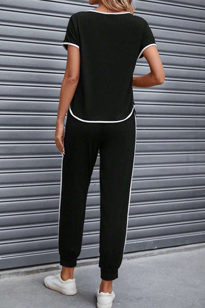 Explore More Collection - Contrast Trim Round Neck Top and Pants Set