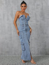 Explore More Collection - Slit Half Button Tube Denim Dress