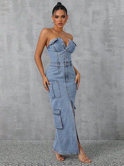 Explore More Collection - Slit Half Button Tube Denim Dress