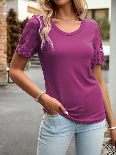 Explore More Collection - Lace Detail Round Neck Short Sleeve T-Shirt